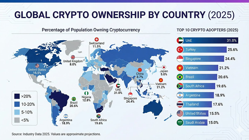 2025年各国加密货币持有率排名：阿联酋以31%位居第一